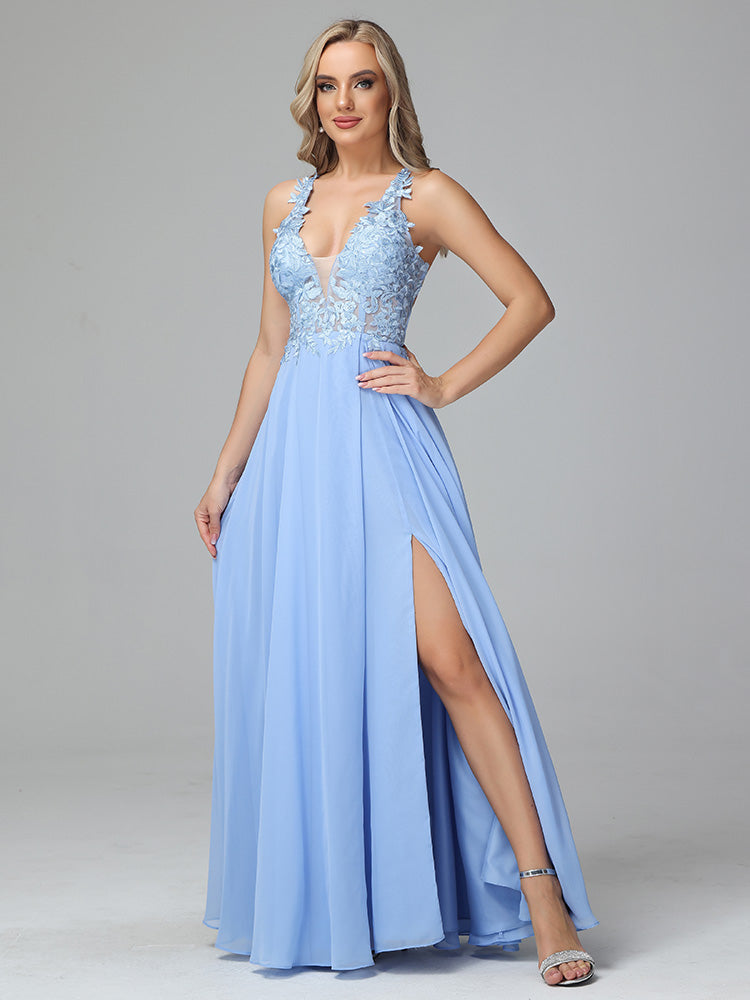 Spaghetti Straps V Neck Lace Appliques Chiffon Prom Dresses
