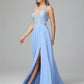 Spaghetti Straps V Neck Lace Appliques Chiffon Prom Dresses