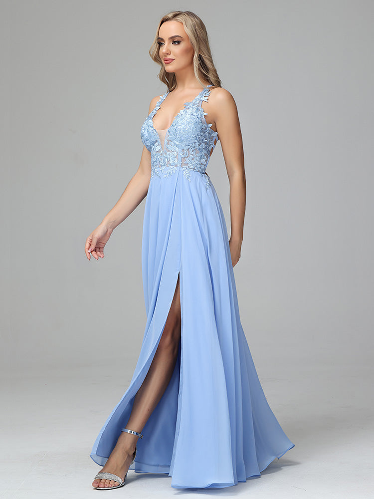 Spaghetti Straps V Neck Lace Appliques Chiffon Prom Dresses