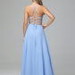 Spaghetti Straps V Neck Lace Appliques Chiffon Prom Dresses