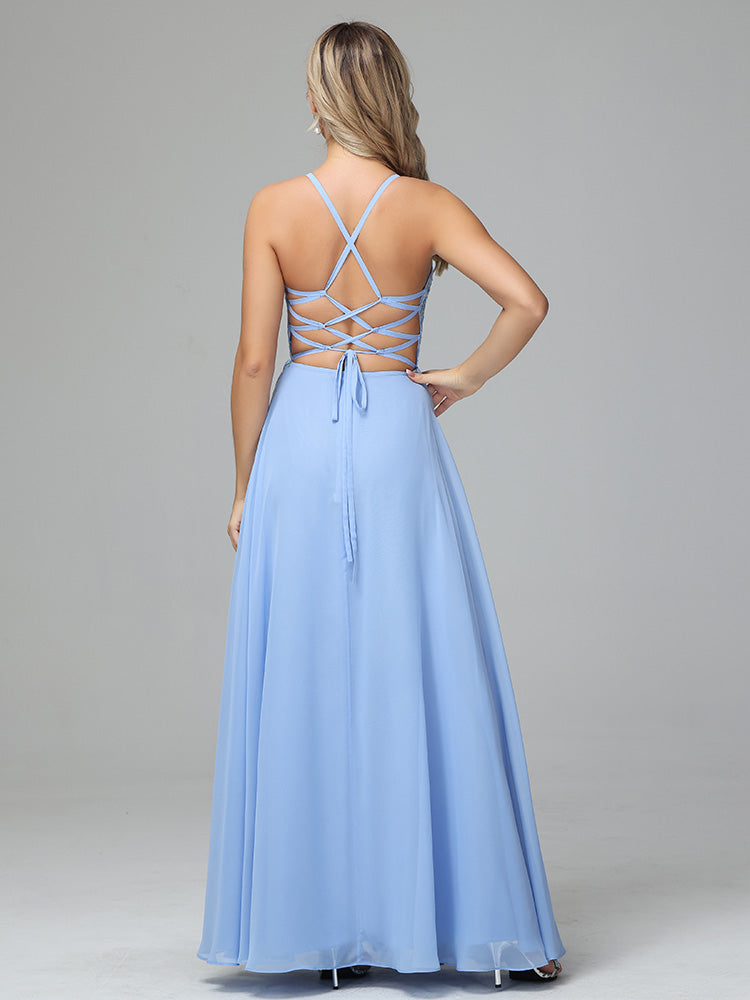 Spaghetti Straps V Neck Lace Appliques Chiffon Prom Dresses