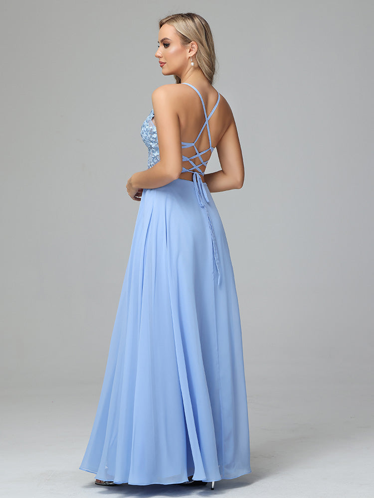Spaghetti Straps V Neck Lace Appliques Chiffon Prom Dresses