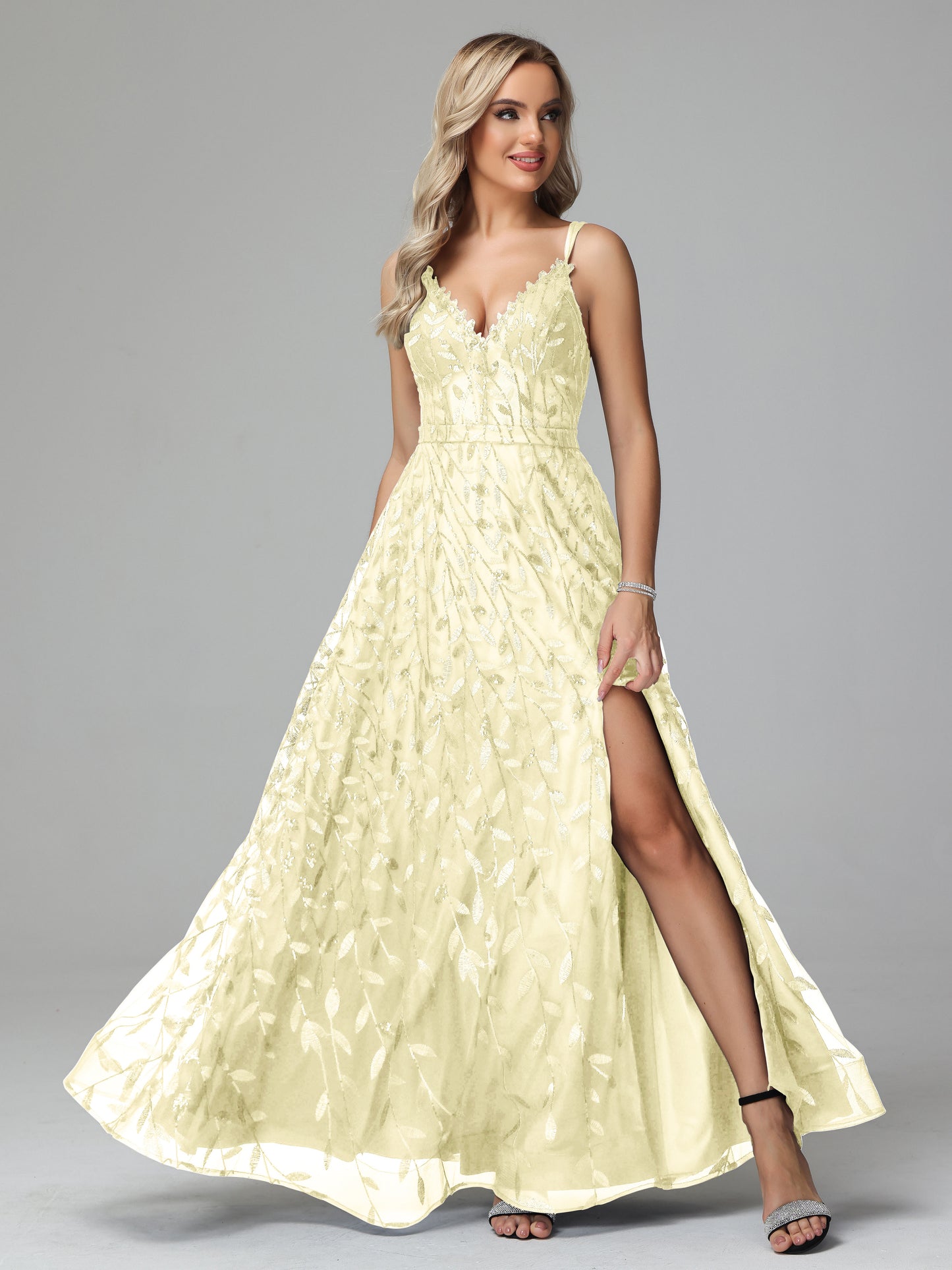 V Neck Spaghetti Straps Lace Appliques Prom Dresses