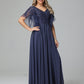 Short Sleeves Chiffon V Neck Lace Appliques Mother of the Bride Dress