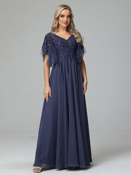 Short Sleeves V Neck Lace Appliques Chiffon Prom Dresses