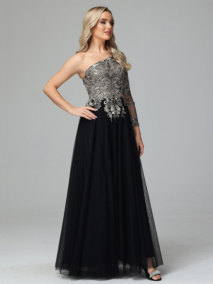 Prom Dresses Block Dress Forma Sleeveless One Shoulder Tulle Backless with Pleats Appliques