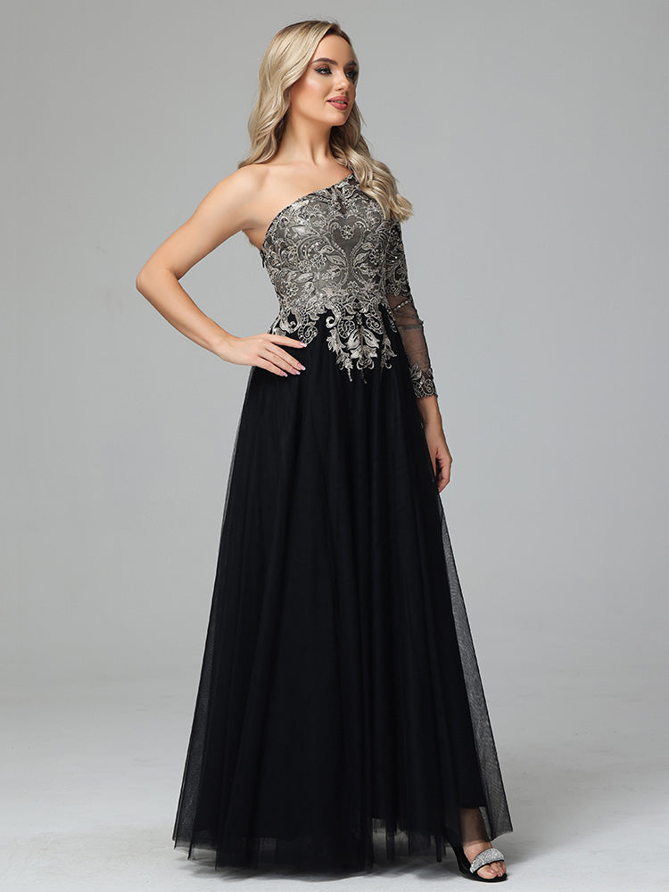One Shoulder Long Sleeves Lace Appliques Tulle Mother of the Bride Dresses