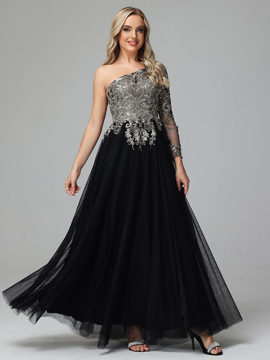 One Shoulder Long Sleeves  Lace Appliques Tulle Prom Dresses