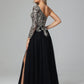One Shoulder Long Sleeves  Lace Appliques Tulle Prom Dresses