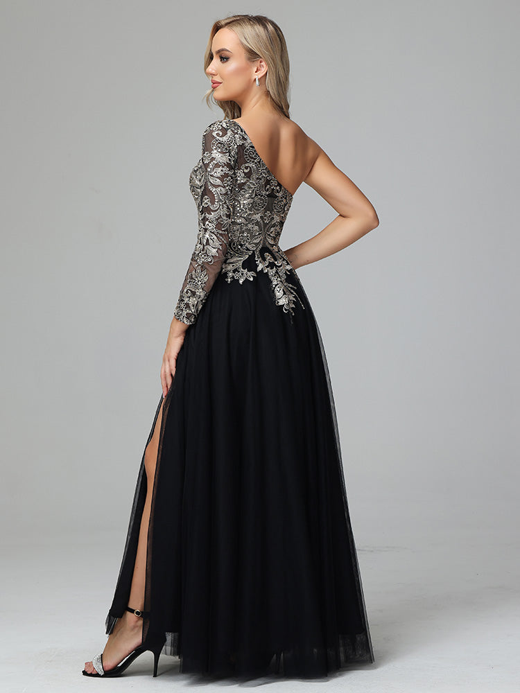 One Shoulder Long Sleeves Lace Appliques Tulle Mother of the Bride Dresses