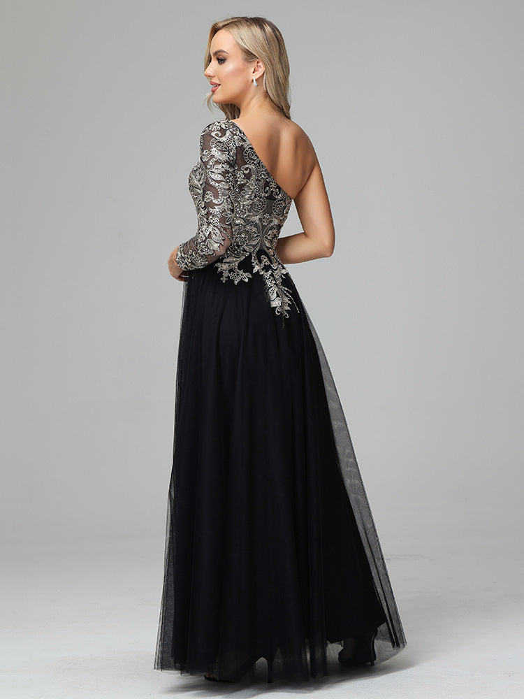 One Shoulder Long Sleeves Lace Appliques Tulle Mother of the Bride Dresses