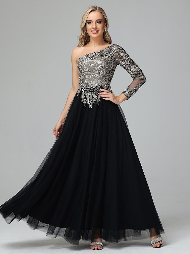 One Shoulder Long Sleeves Lace Appliques Tulle Mother of the Bride Dresses