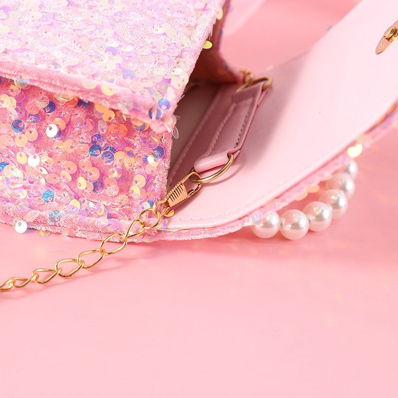 Cute Sequins Pearls Handbag With Bow Knot