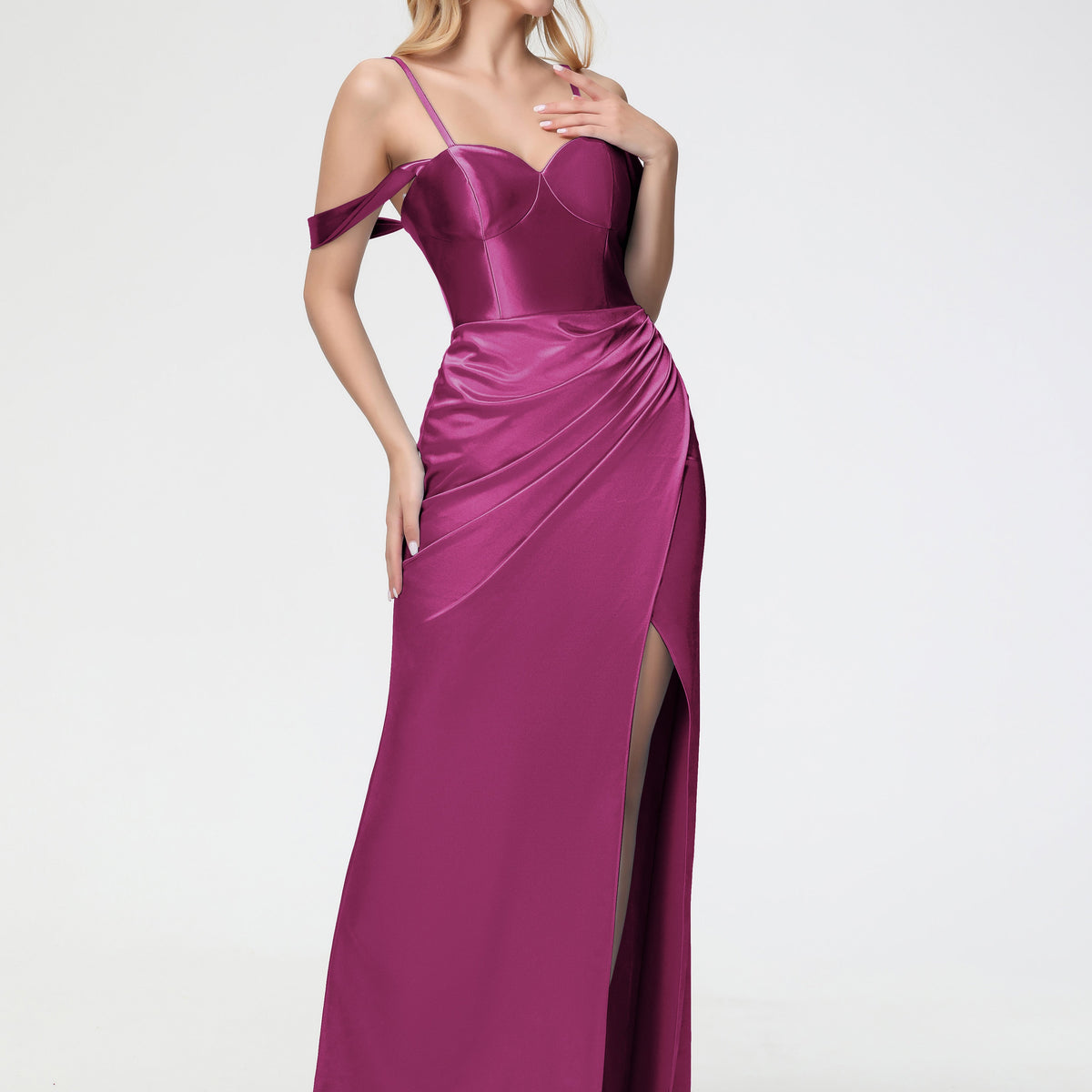 Fuchsia Color Formal Dresses Sheath/Column Off The Shoulder Removable Straps Stretch Satin Formal Dress With Slit