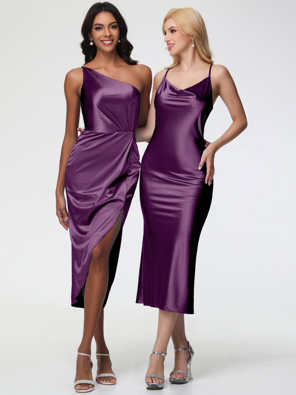 Formal Dresses Regency Sheath/Column Straps Cowl Neck Tea Length Stretch Satin Formal Dress