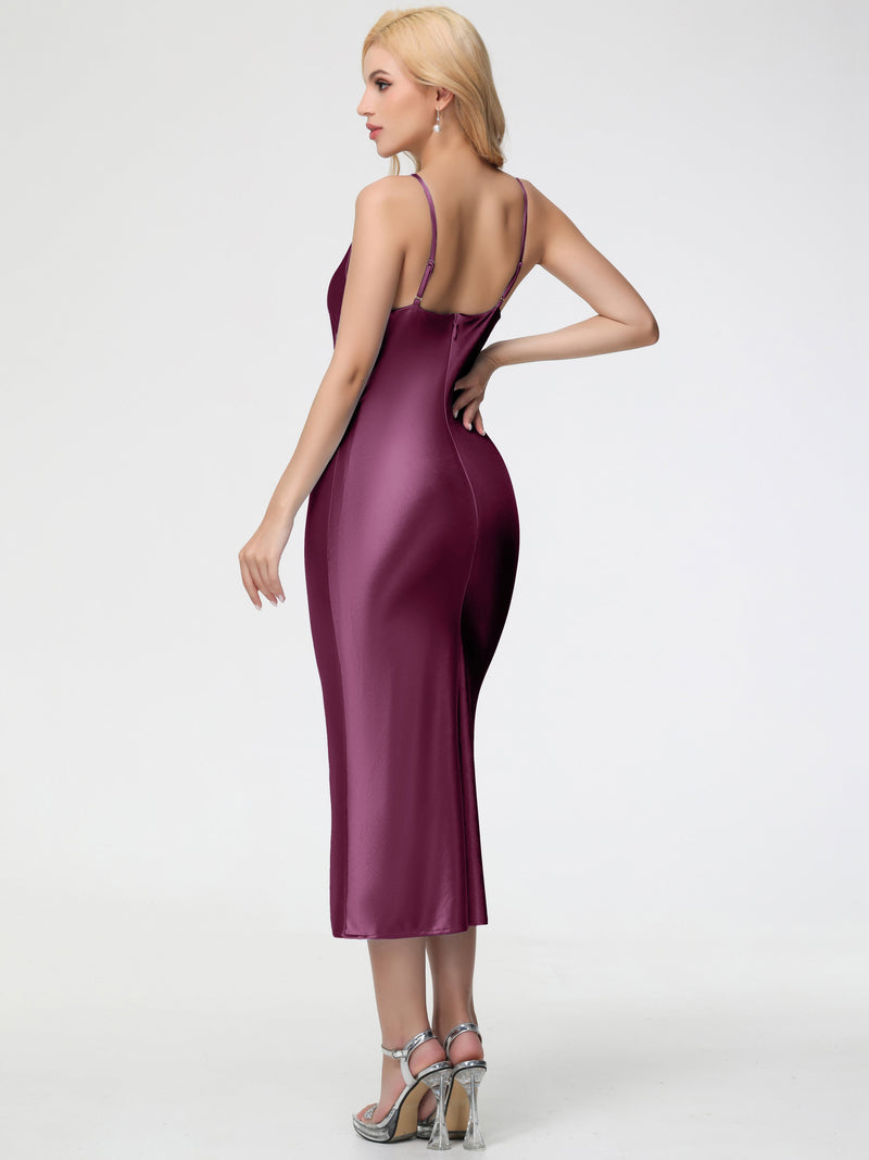 Long Olive Green Formal Dresses Sheath/Column Straps Cowl Neck Tea Length Stretch Satin Formal Dress main image 1