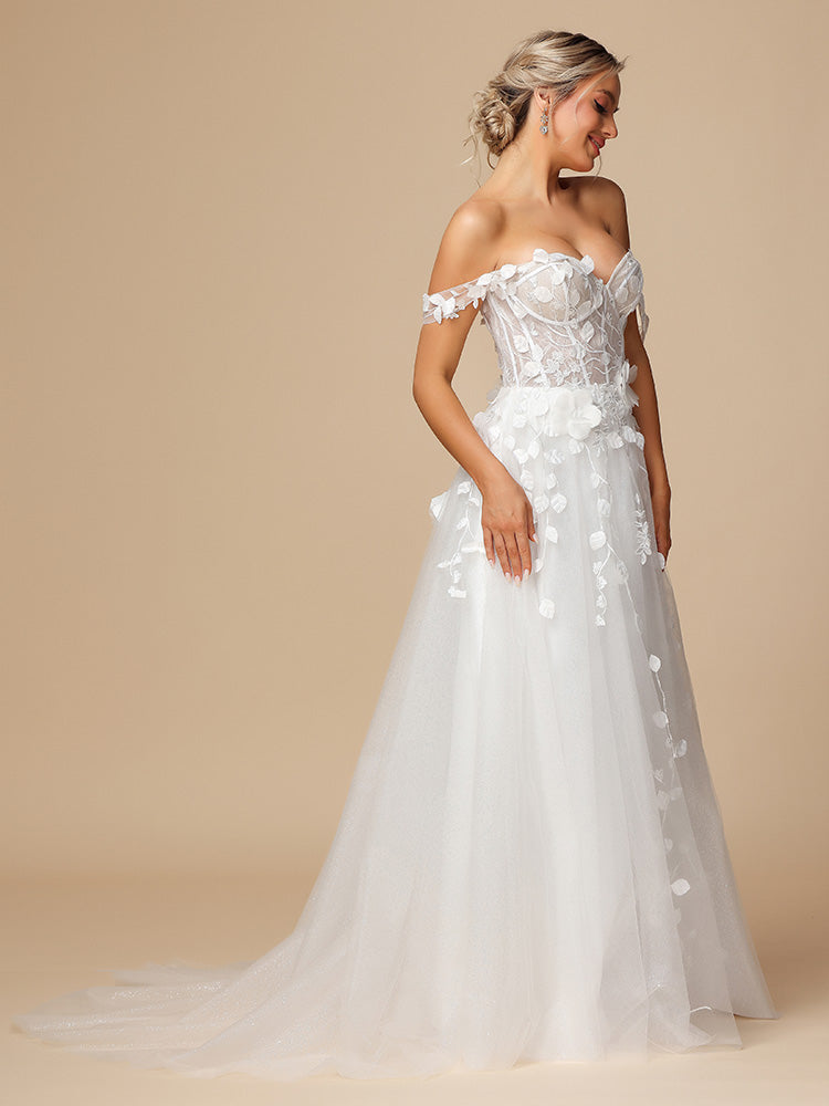 Off The Shoulder Lace Appliques Tulle Wedding Dress With Slit