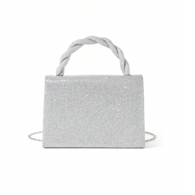 Silver Glitter Twill Knitting Rope Handle Evening Bag Clutch Bag