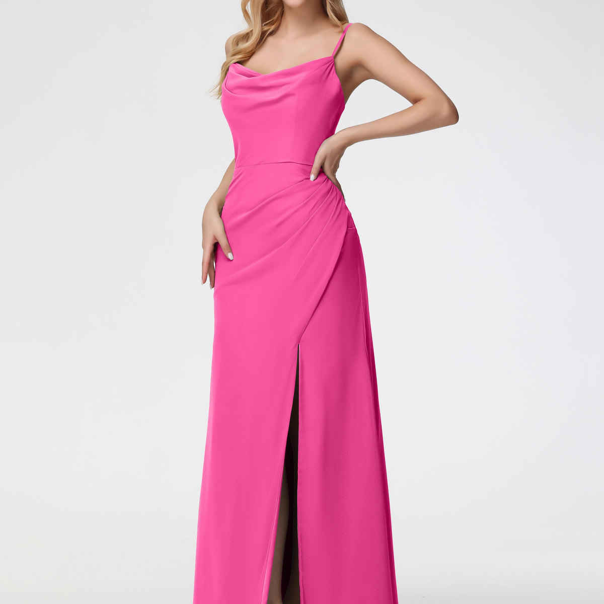 azalea bridesmaid dresses Spaghetti Straps Cowl Neck Sheath/Coulmn Ruched Floor Length Chiffon Bridesmaid Dress With Slit Sizes:Medium (1200gm)
