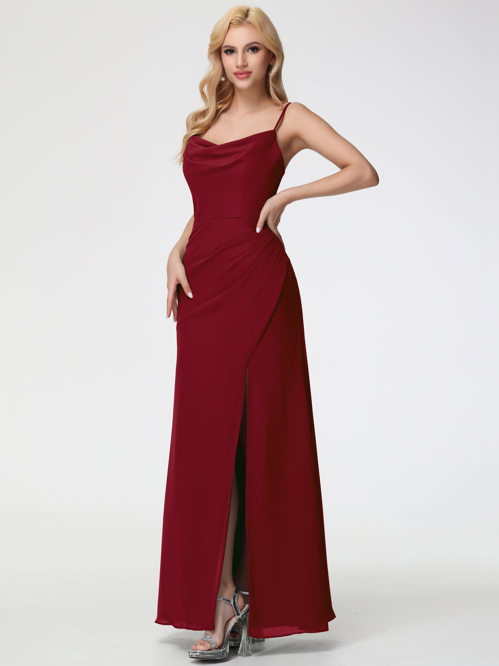burgundy spaghetti strap bridesmaid dress Dresses Straps Cowl Neck Sheath/Coulmn Ruched Floor Length Chiffon Bridesmaid With Slit Zapakasa