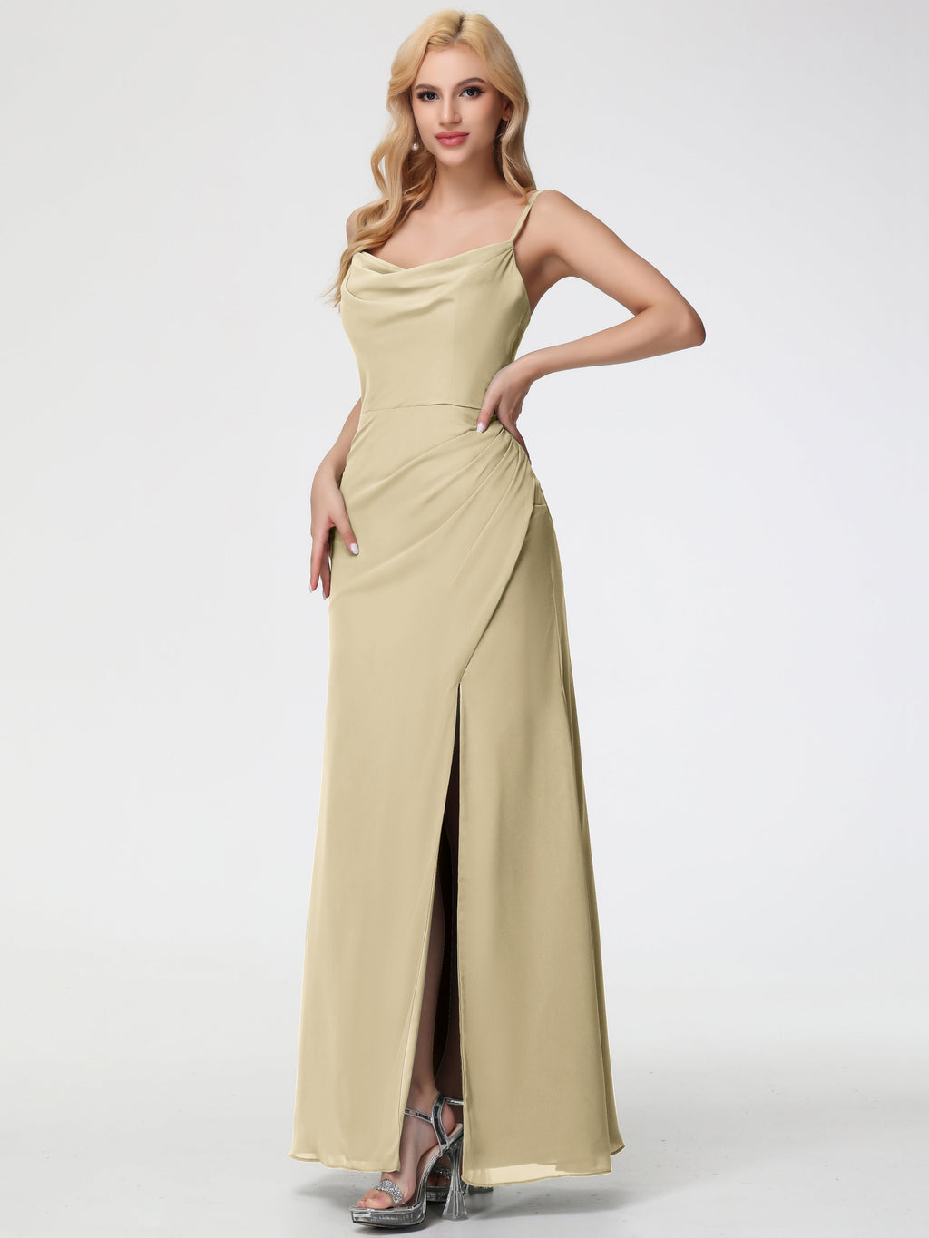 Champagne Bridesmaid Dresses Spaghetti Straps Cowl Neck Sheath/Coulmn Ruched Floor Length Chiffon Bridesmaid Dress With Slit