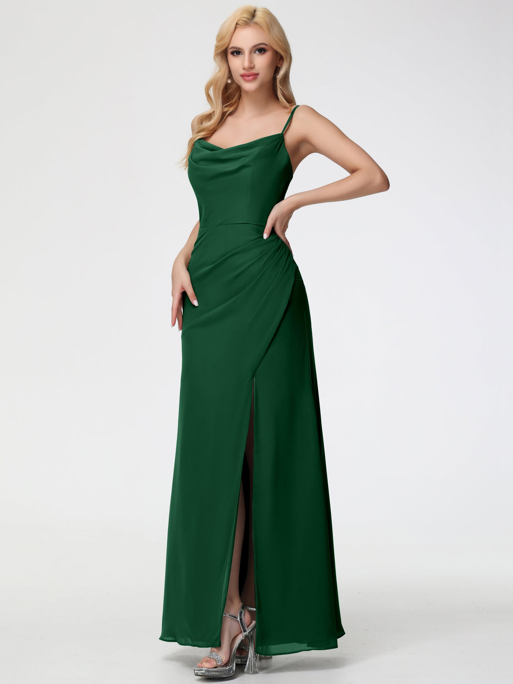Dark Green Bridesmaid Dress Spaghetti Straps Cowl Neck Sheath/Coulmn Ruched Floor Length Chiffon Bridesmaid Dress with Slit