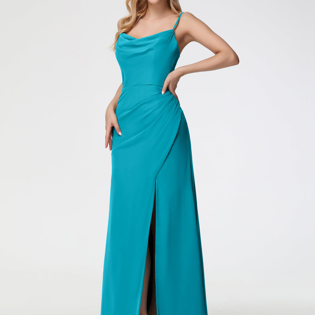 jade chiffon bridesmaid dresses Dress Spaghetti Straps Cowl Neck Sheath/Coulmn Ruched V neck