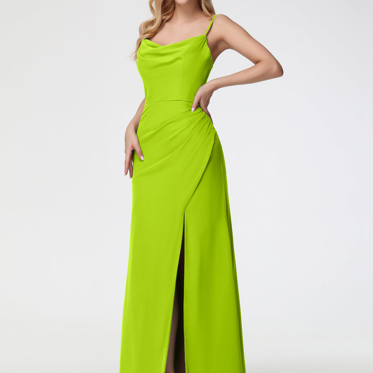 lime green chiffon bridesmaid dress Spaghetti Straps Cowl Neck Sheath/Coulmn R while the centre
