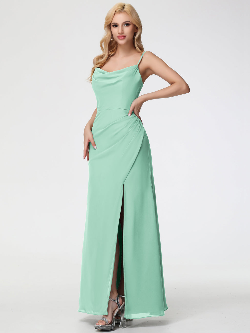 Mint Green Bridesmaid Dress Spaghetti Straps Cowl Neck Sheath/Coulmn R