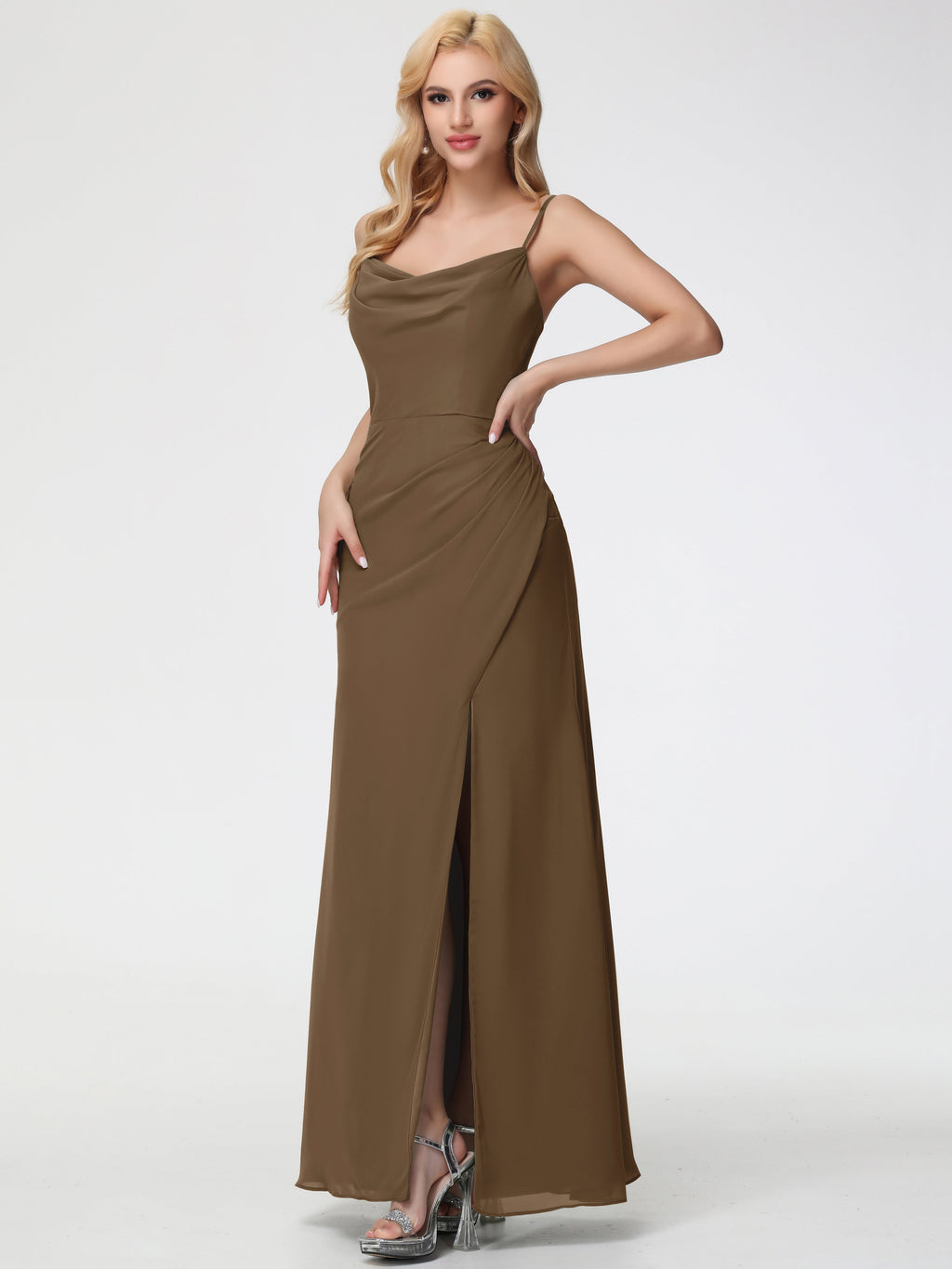 Mocha Bridesmaid Dress Spaghetti Straps Cowl Neck Sheath/Coulmn Ruched