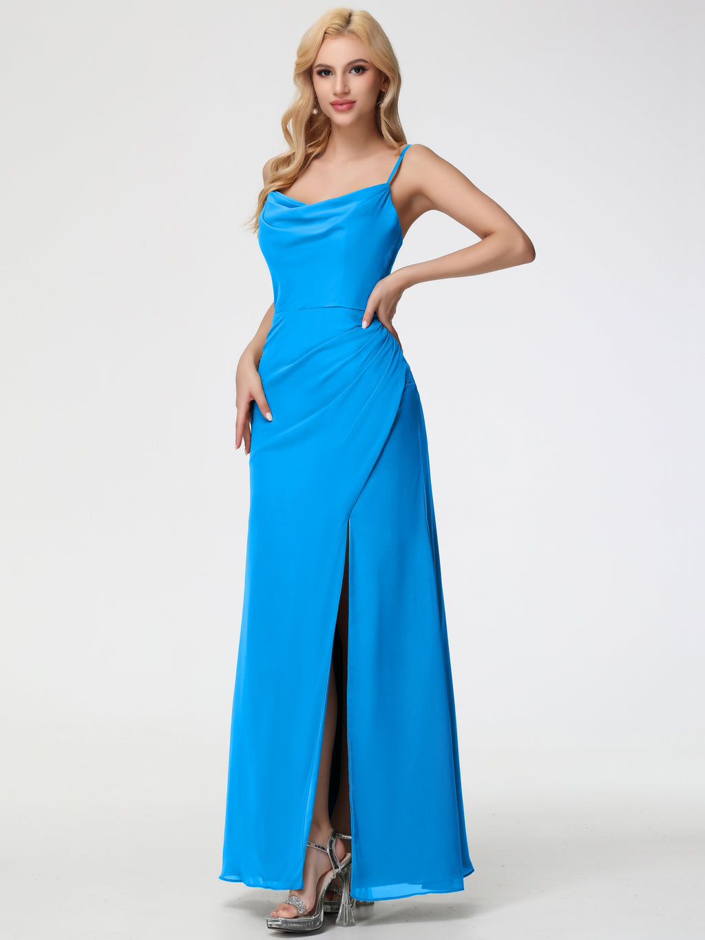 Ocean Blue Bridesmaid Dress Spaghetti Straps Cowl Neck Sheath/Coulmn Ruched Floor Length Chiffon Bridesmaid Dress With Slit