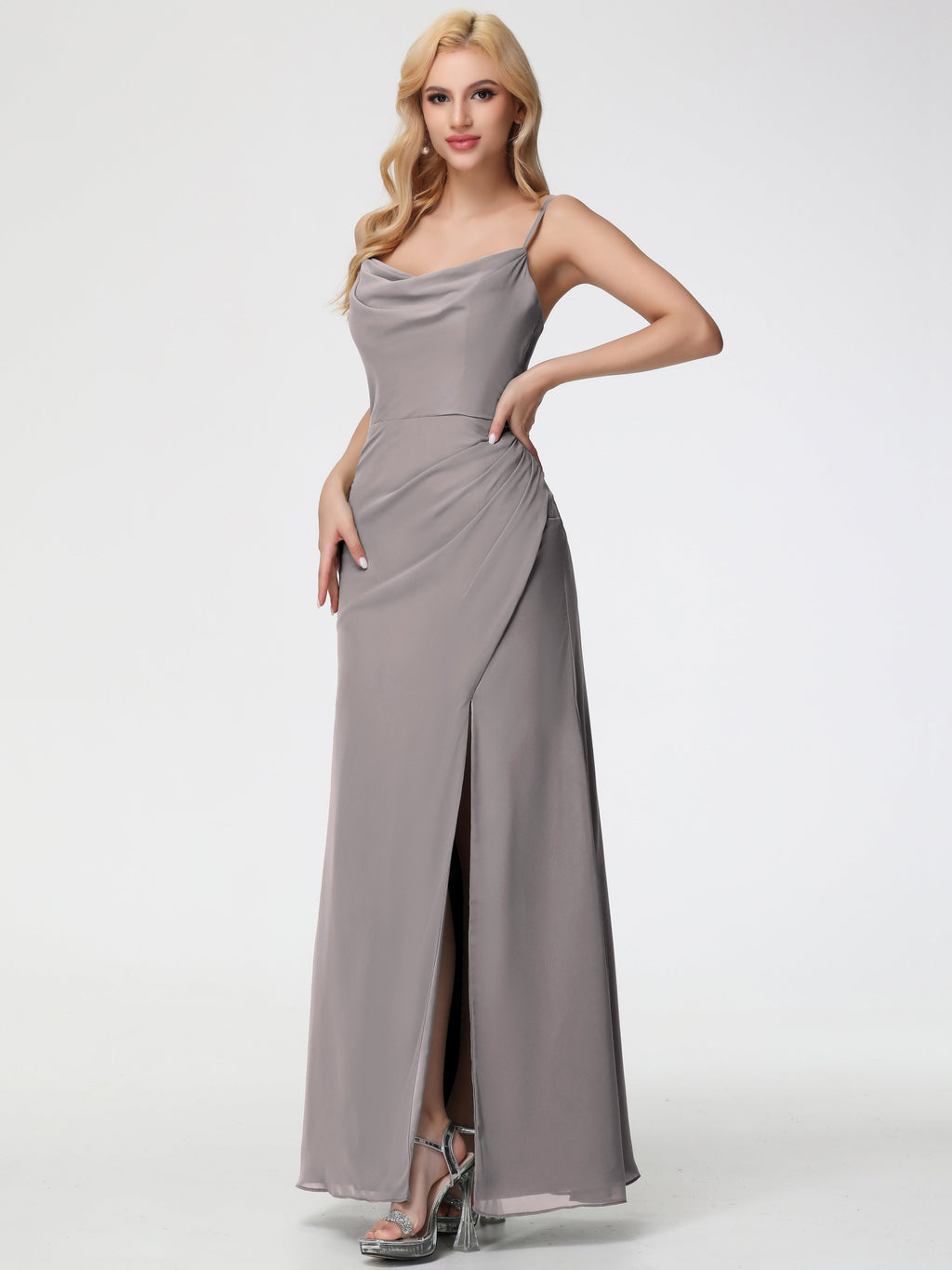 Silver Bridesmaid Dress Spaghetti Straps Cowl Neck Sheath/Coulmn Ruched Floor Length Chiffon Bridesmaid Dress with Slit