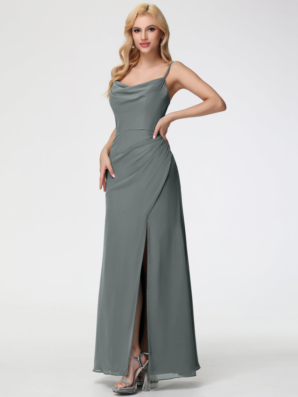 steel grey bridesmaid dresses Dress Spaghetti Straps Cowl Neck Sheath/Coulmn Ruched Floor Length Chiffon Bridesmaid Dress With Slit Azazie Lumina neck Sleeve Length Jackets Size:US 11 / EU 43