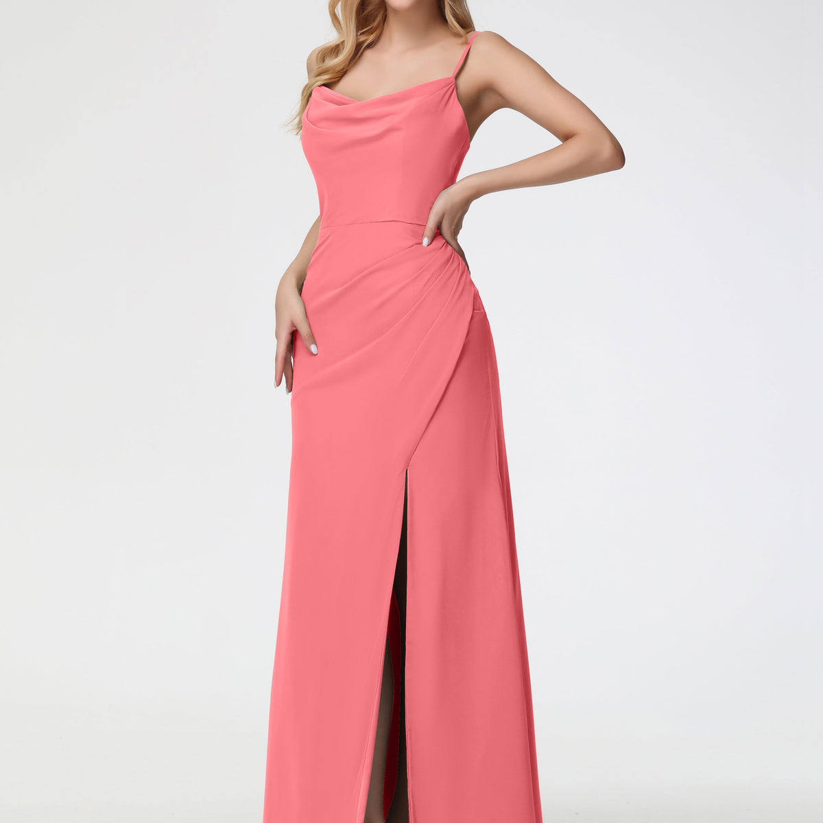watermelon bridesmaid dress Spaghetti Straps Cowl Neck Sheath/Coulmn Ruched Floor Length Chiffon Bridesmaid Dress With Slit Size:6 / XXS Waist 25.5(65cm) A-line Ivory Satin Knee bridalparty