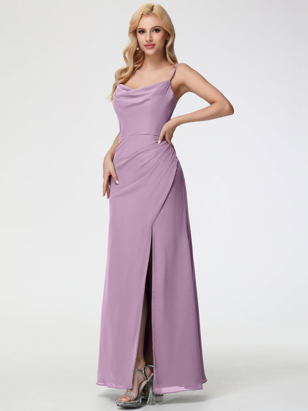 Wisteria Bridesmaid Dress Spaghetti Straps Cowl Neck Sheath/Coulmn Ruched Floor Length Chiffon Bridesmaid Dress With Slit