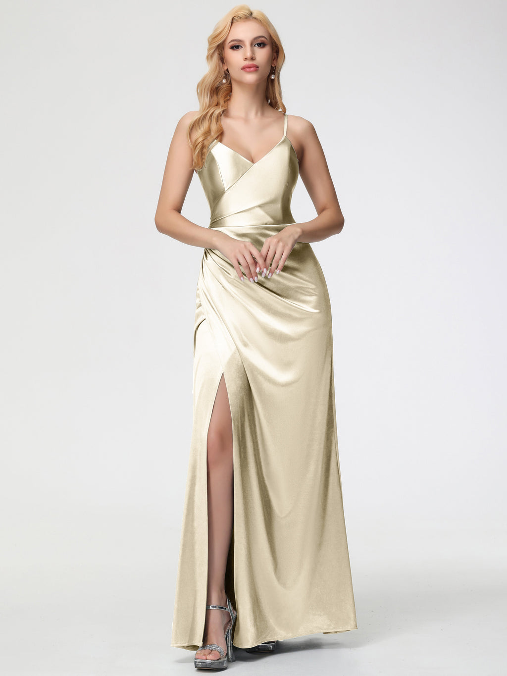 Champagne Bridesmaid Dresses Stretch Satin Spaghetti Straps V-Neck Flo