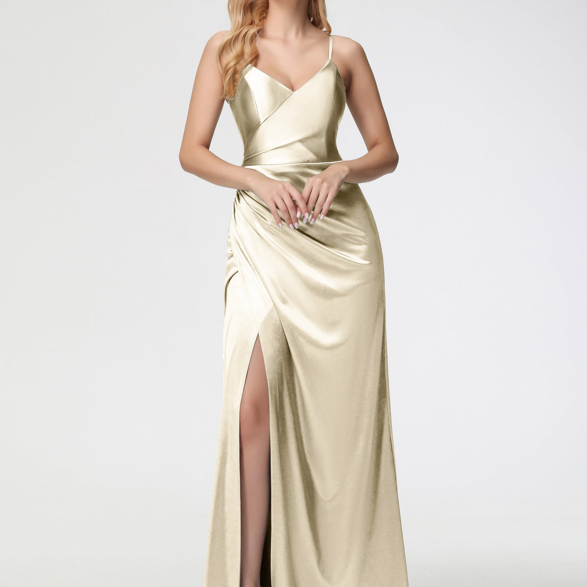 Champagne Bridesmaid Dresses Stretch Satin Spaghetti Straps V-Neck Flo