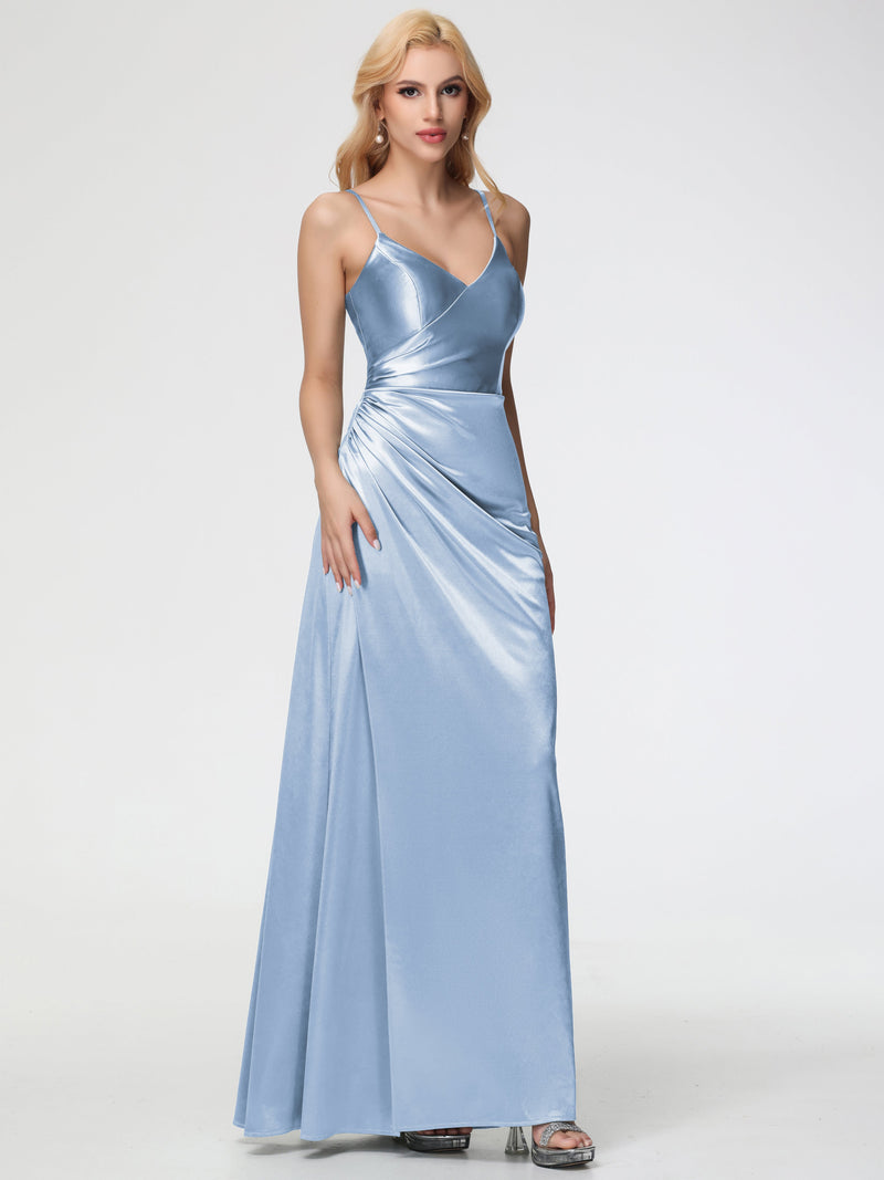 Prom Dresses Sky Blue Spaghetti Straps V-Neck Floor Length Stretch Sat
