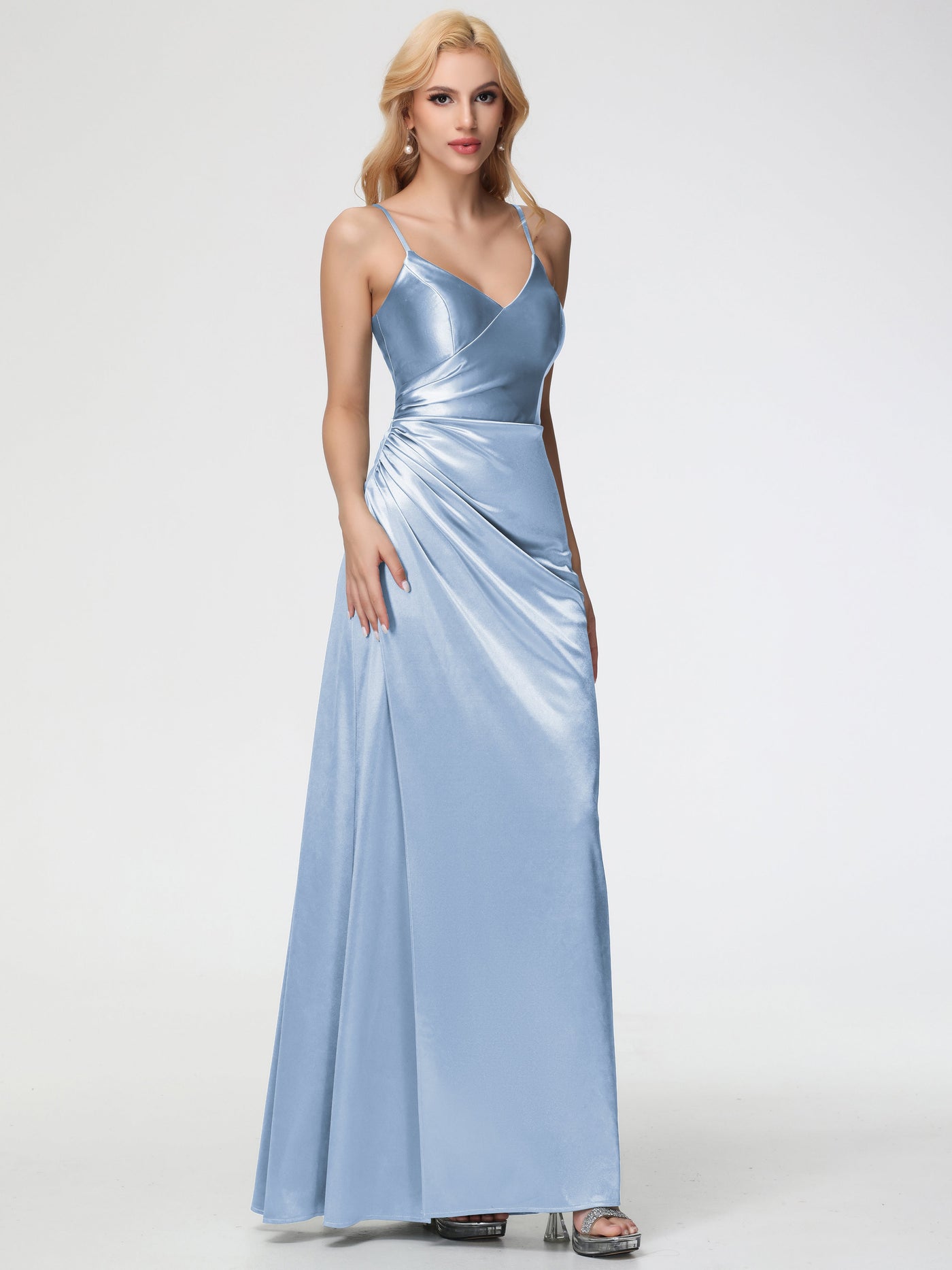 Black Stretch Satin Formal Dress A Line Spaghetti Straps V-Neck Floor Length Stretch Satin Formal Dress