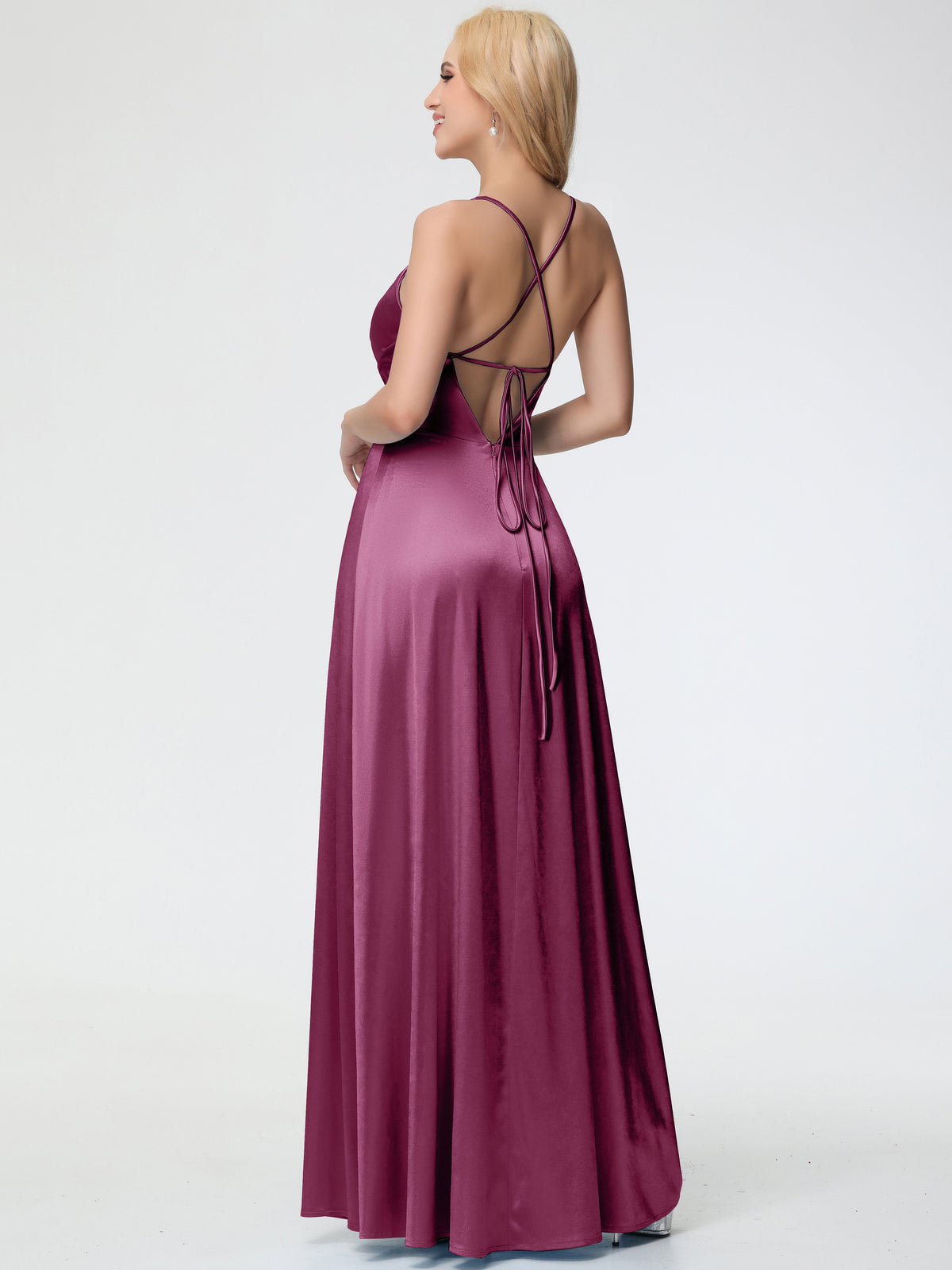 Mulberry Formal Dresses Spaghetti Straps V-Neck Pleated Open Back Stretch Satin Formal Dress With Slit