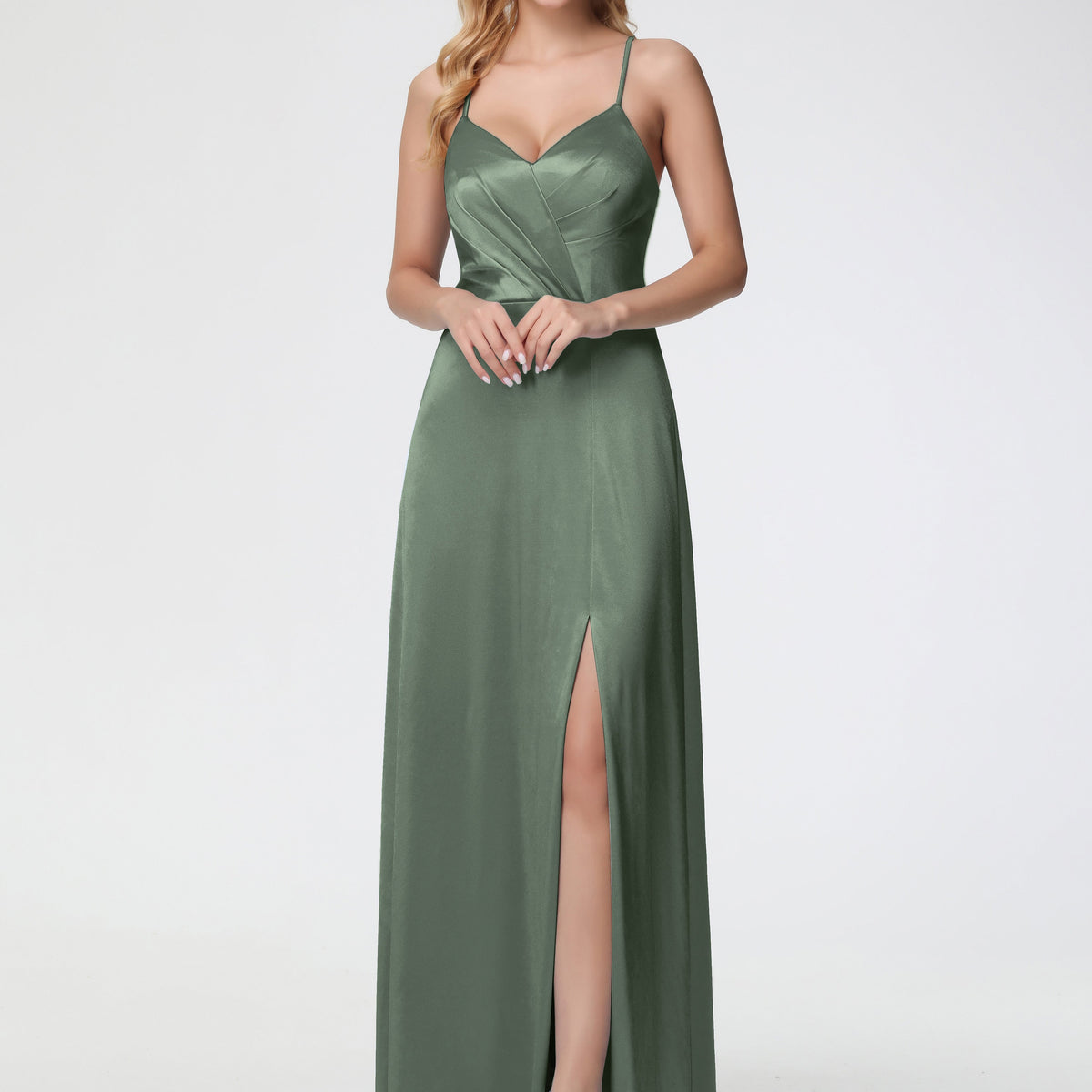 Olive Green Stretch Satin Bridesmaid Dresses Spaghetti Straps V-Neck Pleated Open Back Stretch Satin Bridesmaid Dress With Slit
