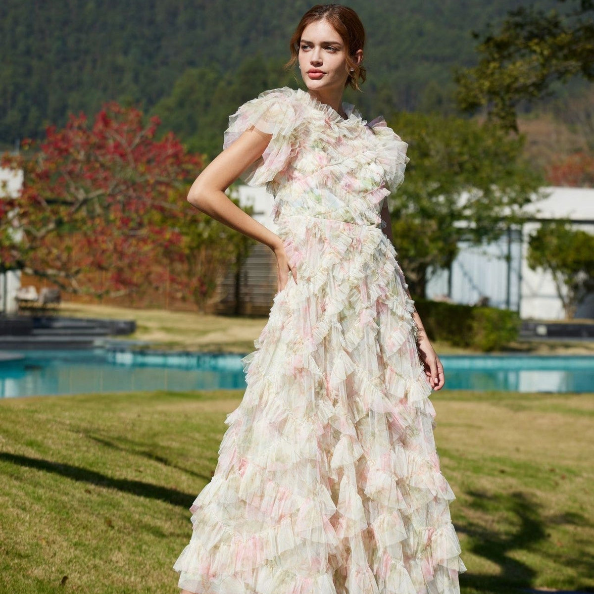 ruffle floral bridesmaid dress Leely Women Green Bridesmaid Dress A-Line Spaghetti Straps Printed Pleated Long Party Dress With Slit