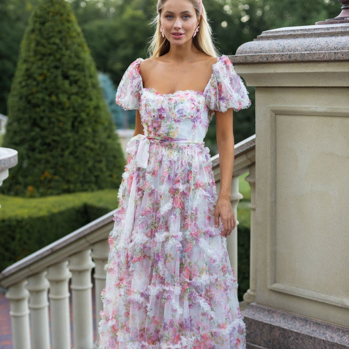 French Bouquet Puff Sleeve Dress