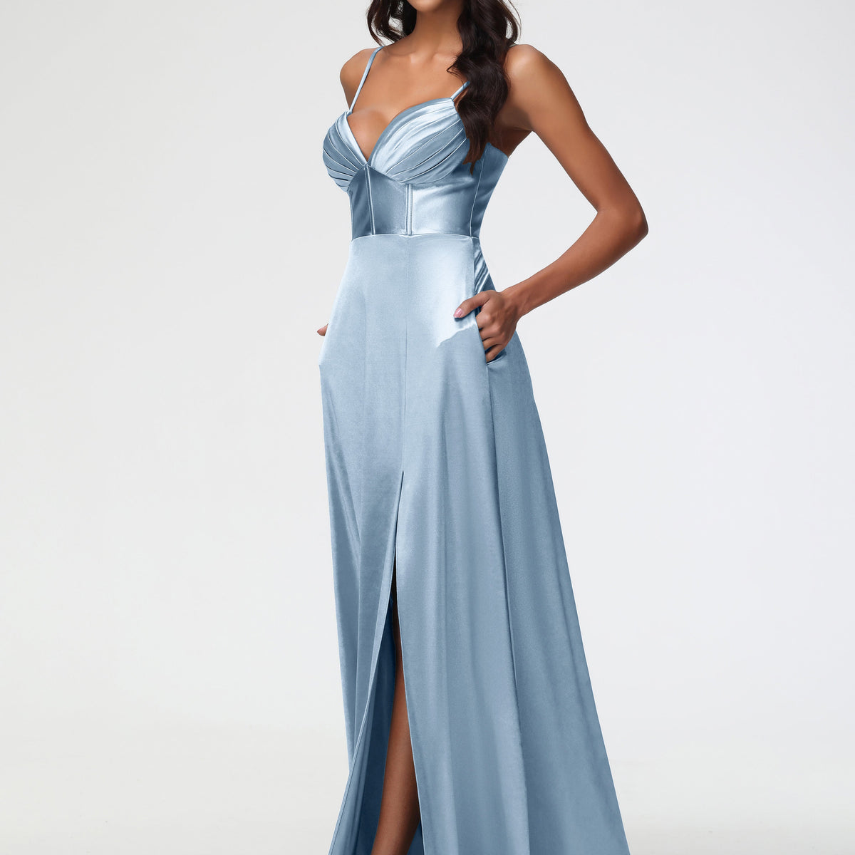 Dusty Blue Prom Dress Simple Spaghetti Straps Elegant V-Neck Floor Len