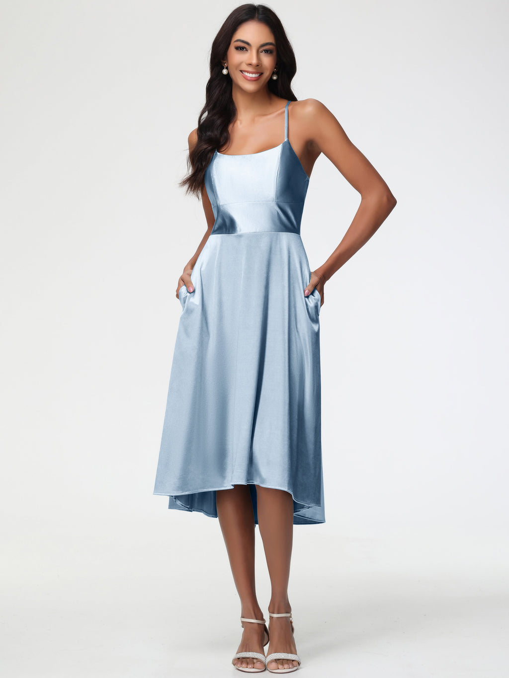 Dusty Blue Formal Dresses Minimalist A Line Spaghetti Straps Sleeveles