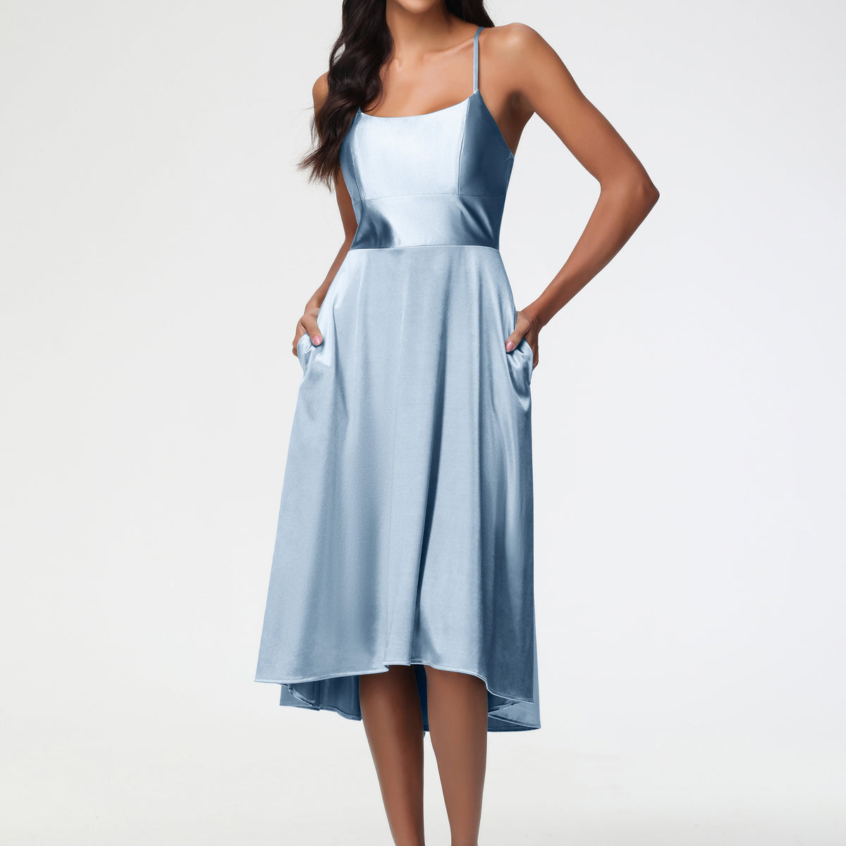 dusty blue satin midi dress Dusty Blue Formal Dresses Minimalist A Line Spaghetti Straps Sleeveles