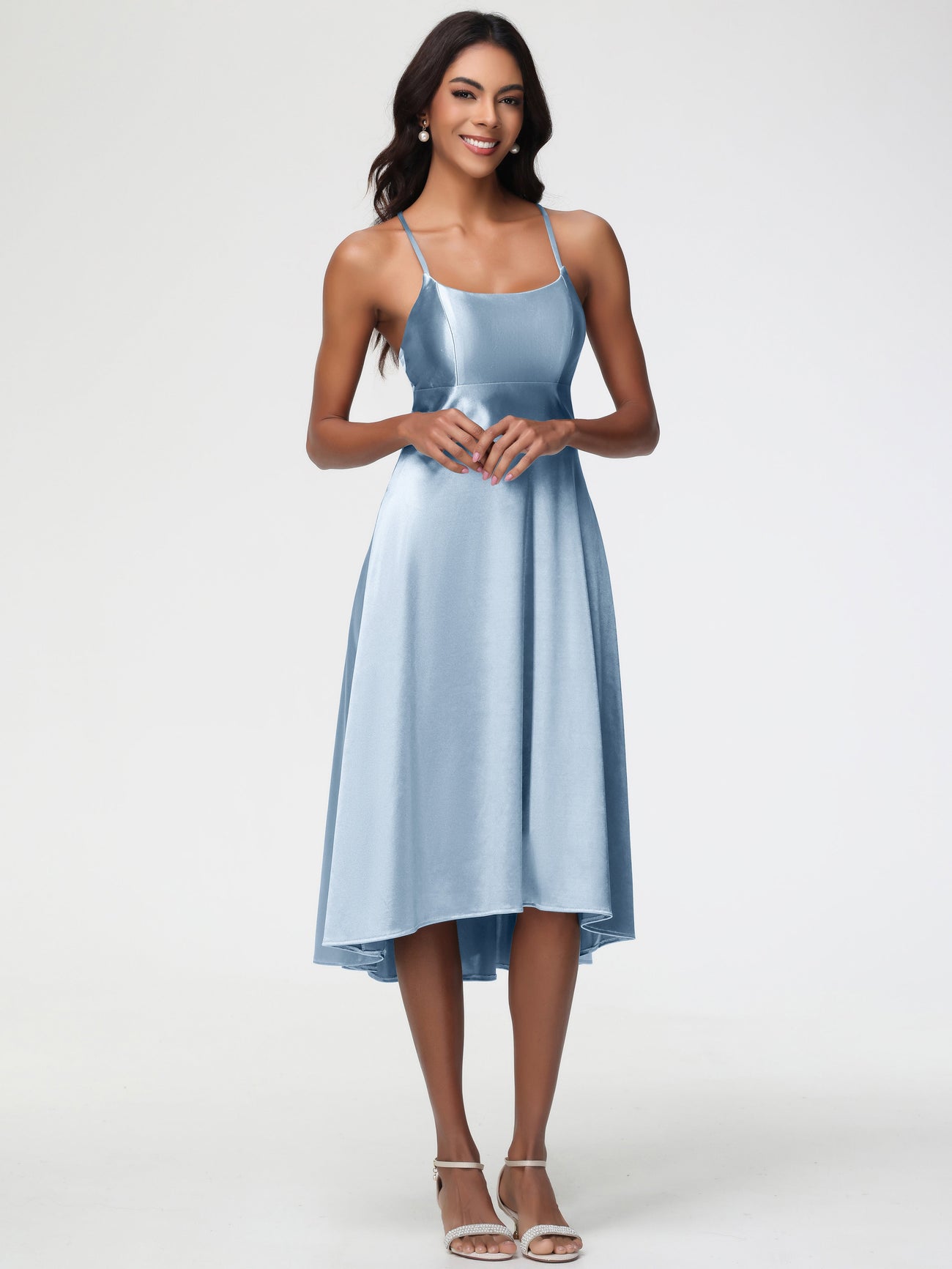 Spaghetti Straps Square A-line Junior Bridesmaid Dress Dusty Blue