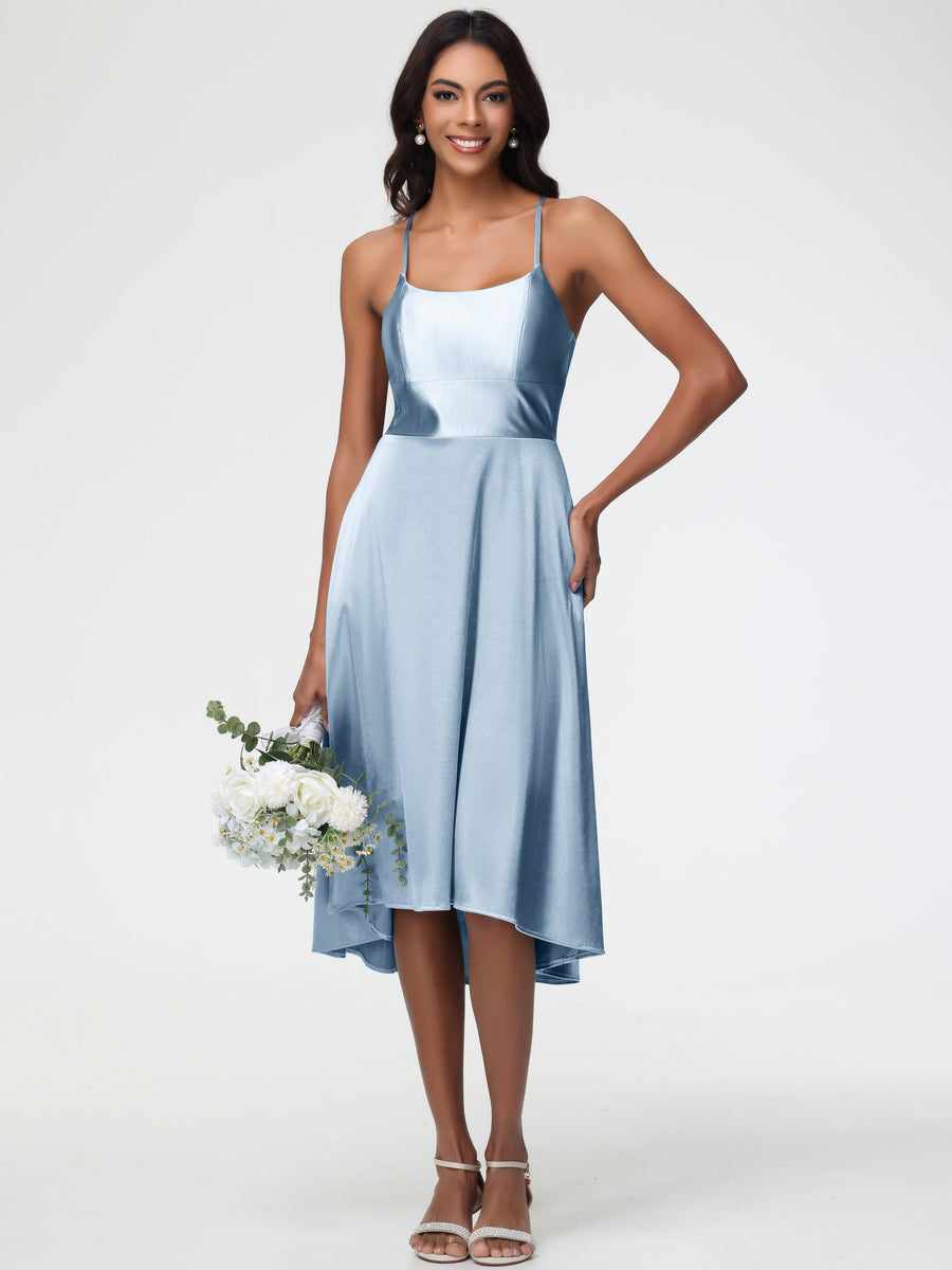 Dusty Blue Bridesmaid Dresses Minimalist A Line Spaghetti Straps Sleev