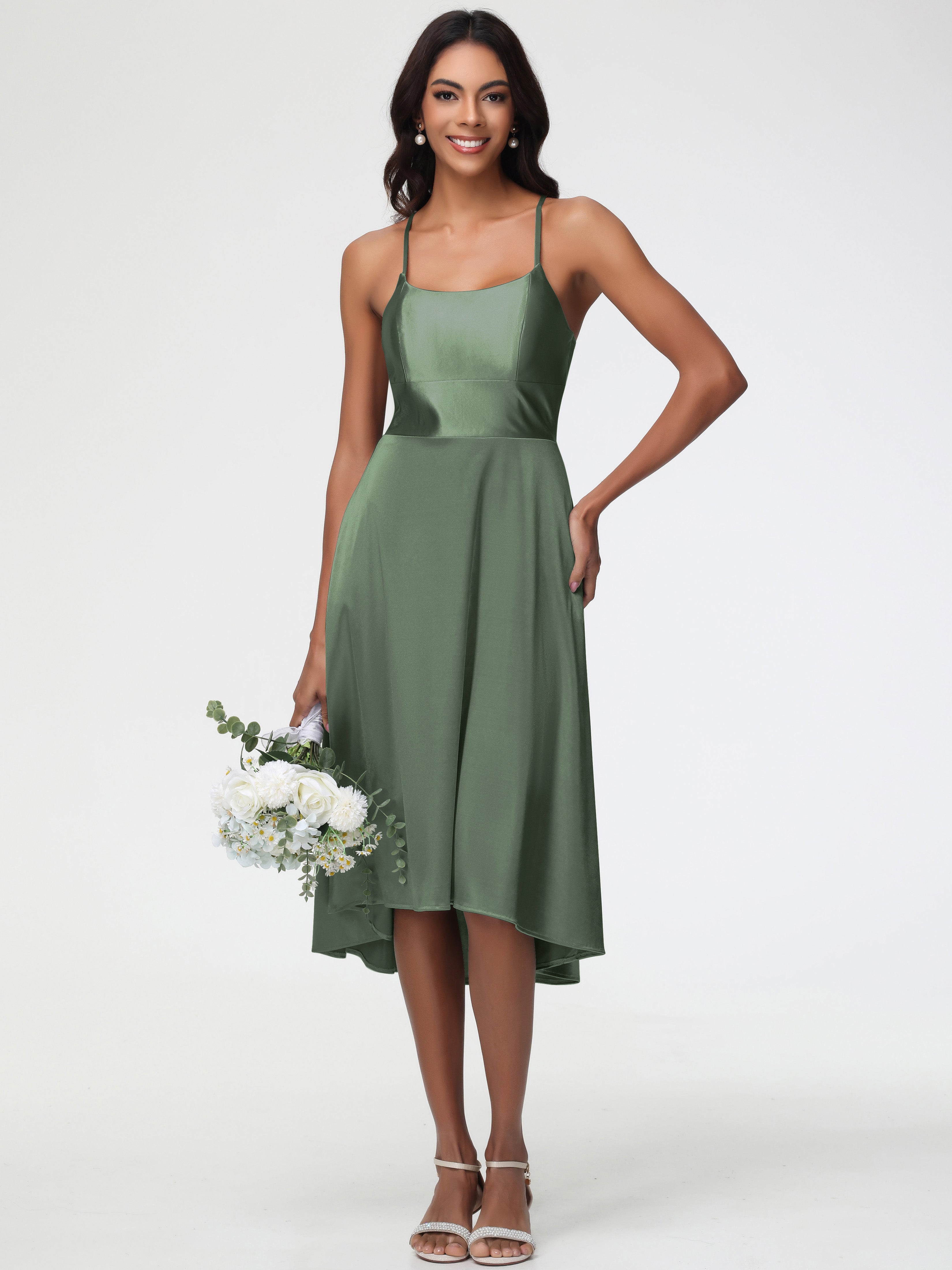 Olive Green Midi Formal Dress Minimalist A Line Spaghetti Straps Sleev