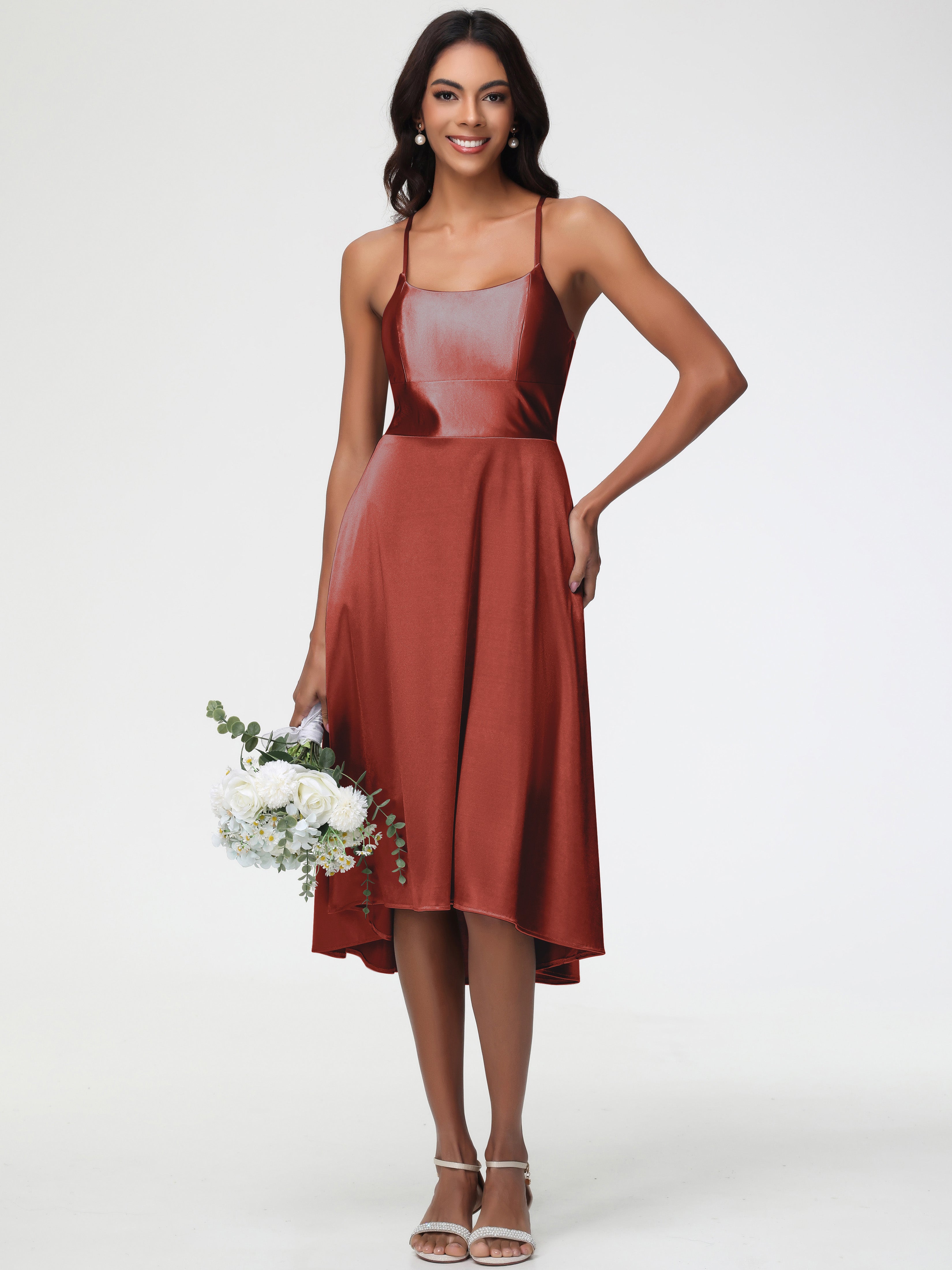 Rust Color Formal Dress Minimalist A Line Spaghetti Straps Sleeveless Stretch Satin Formal Dress